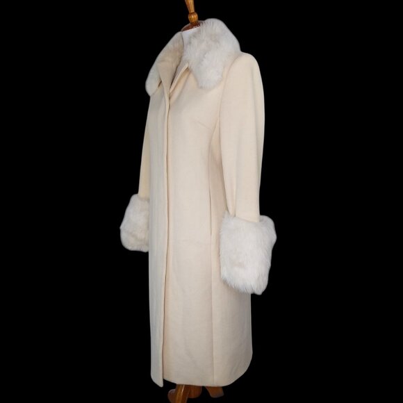 Express Wool Coat Size 5/6 Ivory Faux Fur Collar Cuffs Dressy Penny Lane Vintage - Picture 14 of 16